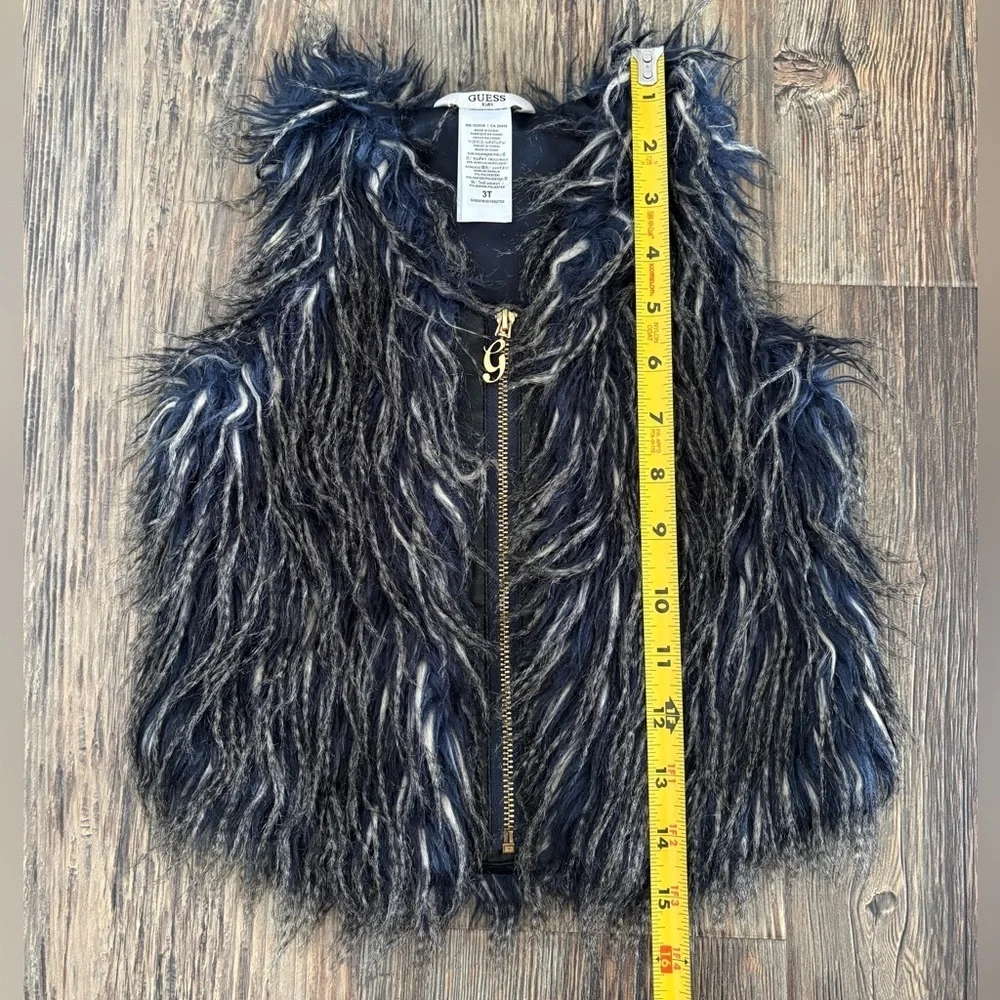 GUESS Kids Faux Fur Full Zip Vest Girls 3T Blue Tan Black Lined Logo Sleeveless